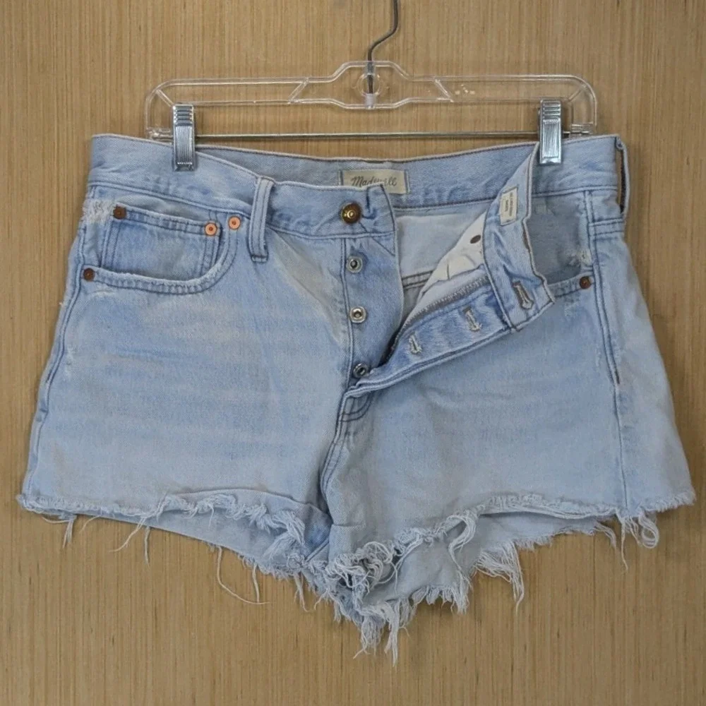 Madewell Relaxed Denim Hot Pants Shorts 32 Light Wash Button Fly Frayed Blue